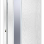 White door with a silver handle on a white background