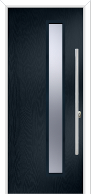 Modern dark grey door with silver handle and glass panel on a white background
