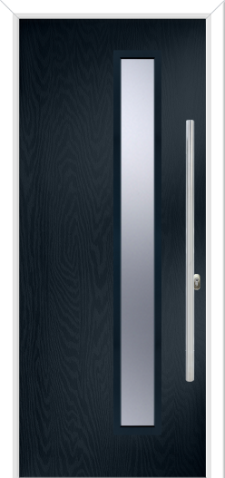 Modern dark grey door with silver handle and glass panel on a white background
