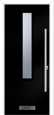 Black door with silver handle and window on a white background