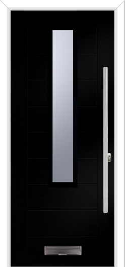 Black door with silver handle and window on a white background