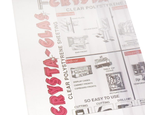 Sheet of clear polystyrene sheeting with branding and usage instructions.