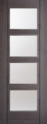 Wooden door with glass panels in a dark finish