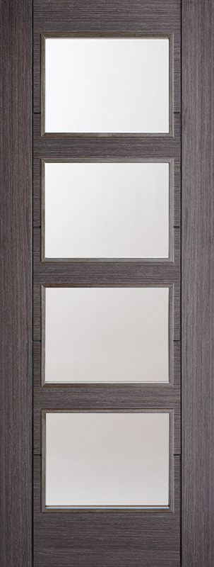 Wooden door with glass panels in a dark finish