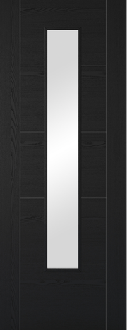 Black door with a central vertical glass panel