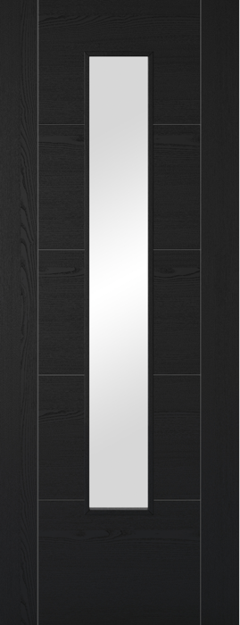 Black door with a central vertical glass panel