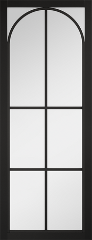 Black door with black frame and glass panes