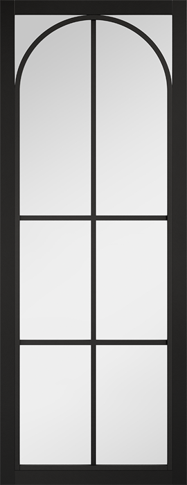 Black door with black frame and glass panes