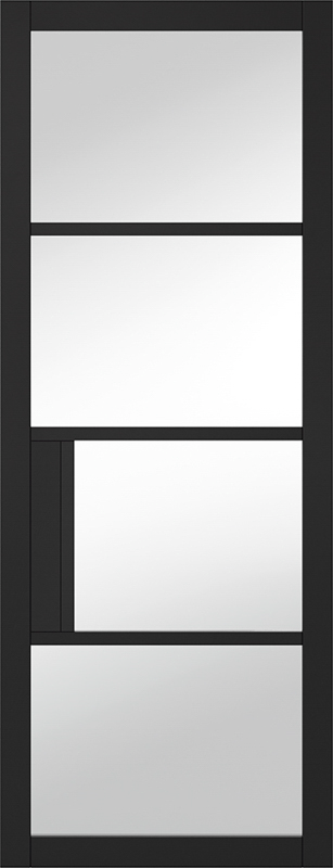 Modern interior door with glass panels and black frame