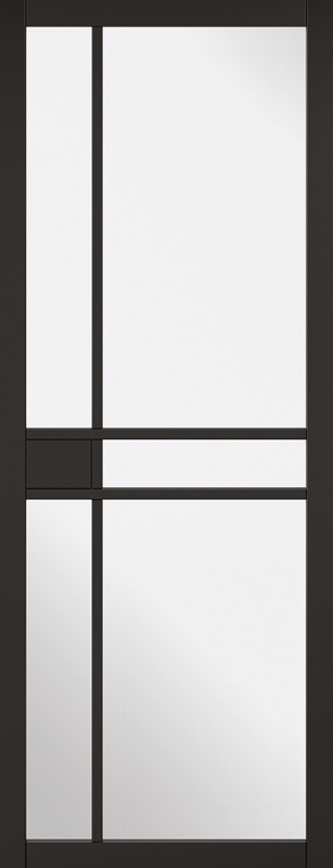 Modern glass door with black frame and white glass panels
