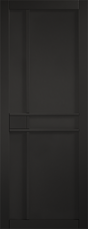 Black door with horizontal lines and a rectangular cutout