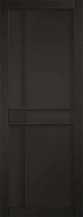 Black door with horizontal lines and a rectangular cutout