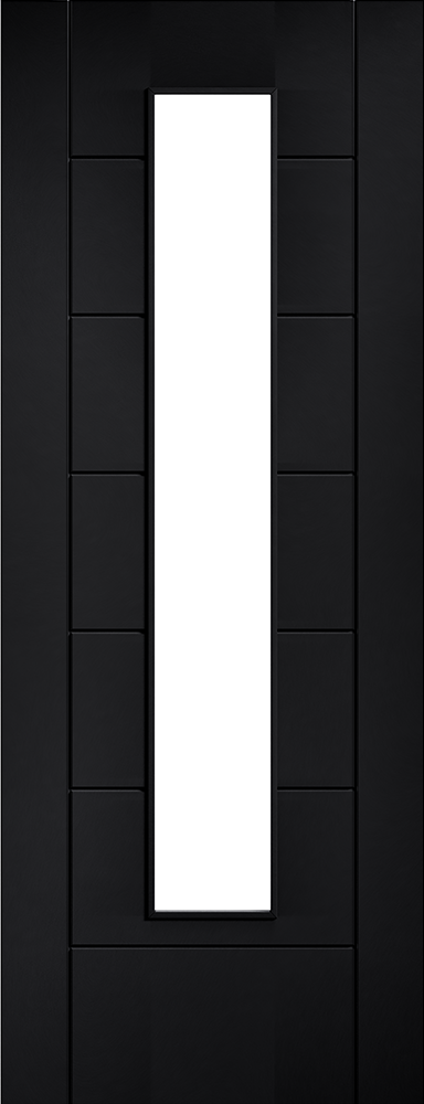 Black door with a vertical rectangular glass panel