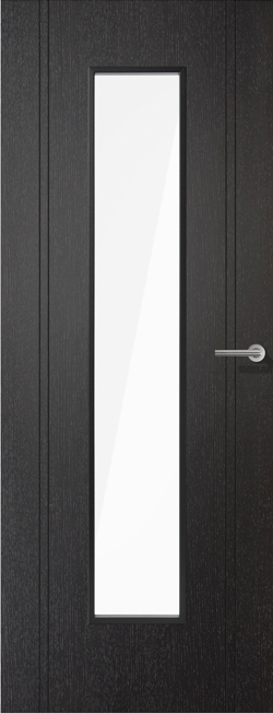Black door with a narrow glass panel and silver handle