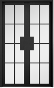 Modern room divider with black frame and glass panels
