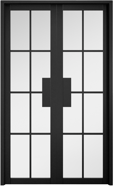 Modern room divider with black frame and glass panels