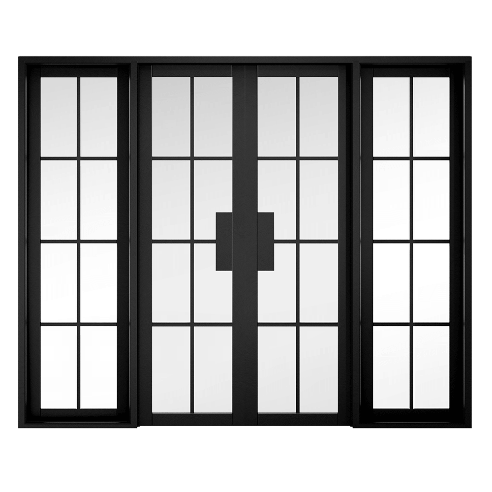 Black-framed room divider with grid pattern on a white background