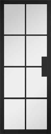 Modern glass door with black frame and white glass panels