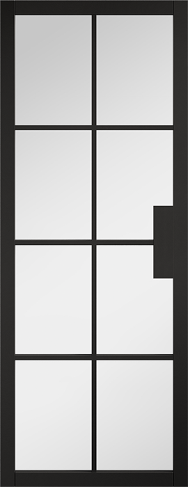 Modern glass door with black frame and white glass panels