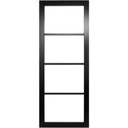 Black framed mirror with four glass panels on a white background