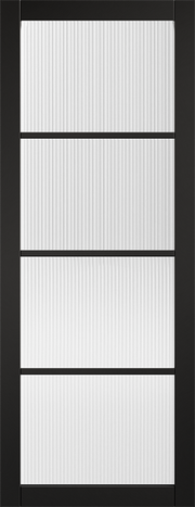 Black-framed glass door with vertical ribbed design