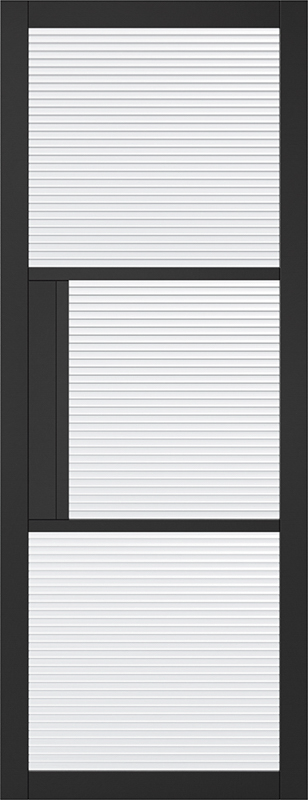 A door with three vertical panels with horizontal slats on a white background