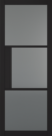 Modern door design with three rectangular glass panels on a black background