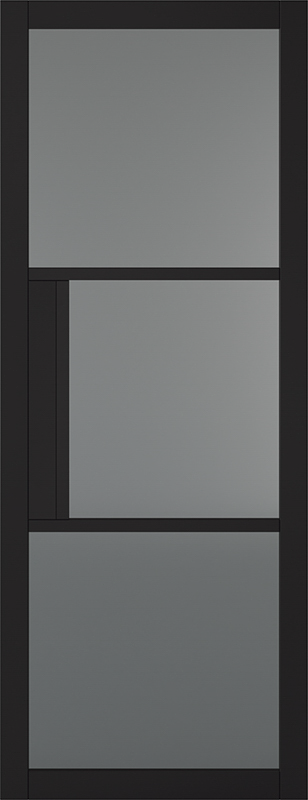 Modern door design with three rectangular glass panels on a black background