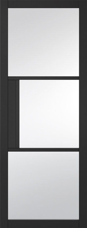 Modern glass door with black frame and three rectangular glass panels