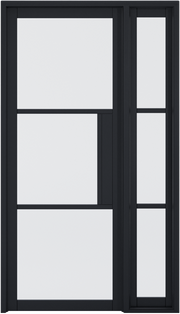 Black-framed sliding glass door with transparent panels