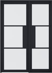 Door sidelight with black frame and divided glass panes on a white background