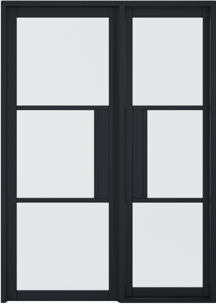 Door sidelight with black frame and divided glass panes on a white background