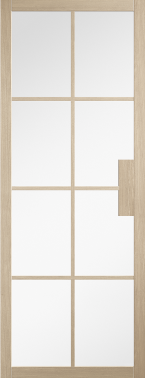 Glass door with wooden frame and handle on a white background