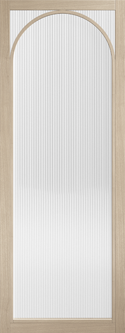 Wooden door with a glass panel featuring an arch design