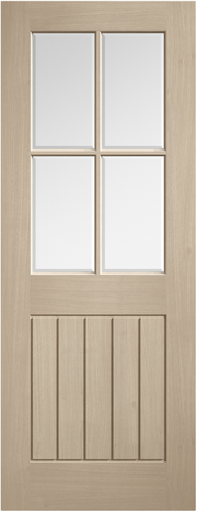 Wooden door with glass panels and horizontal slats