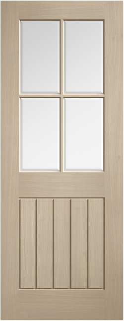 Wooden door with glass panels and horizontal slats