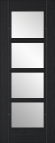 Modern door with glass panels in a dark wood finish