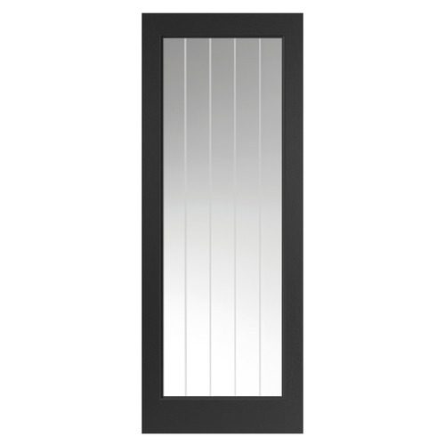 Black-framed door with glass panel on a white background
