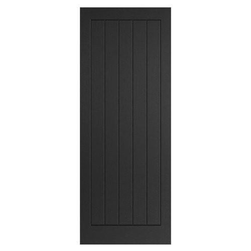 Black cabinet door with a slatted design on a white background
