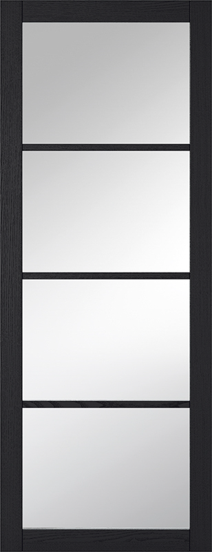 Modern interior door with glass panels and black frame