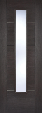 Dark grey laminate door with a vertical rectangular glass panel