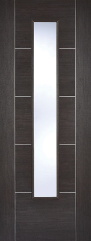 Dark grey laminate door with a vertical rectangular glass panel