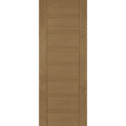 Wooden door with a horizontal slat design on a white background