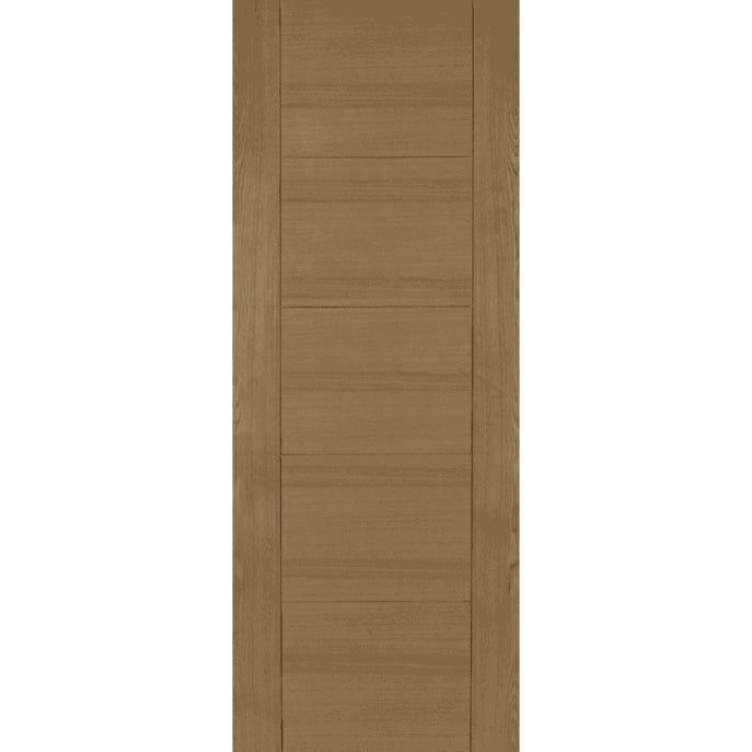 Wooden door with a horizontal slat design on a white background