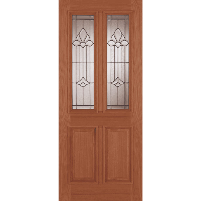 Wooden door with glass panels on a white background