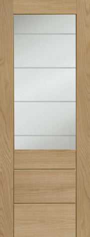 Wooden door with glass panels and a light wood finish