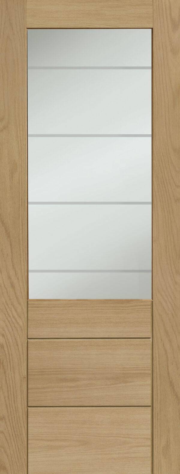 Wooden door with glass panels and a light wood finish