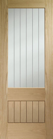 Wooden door with glass panel and horizontal slats