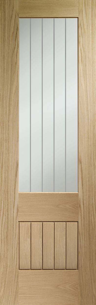 Wooden door with glass panel and horizontal slats
