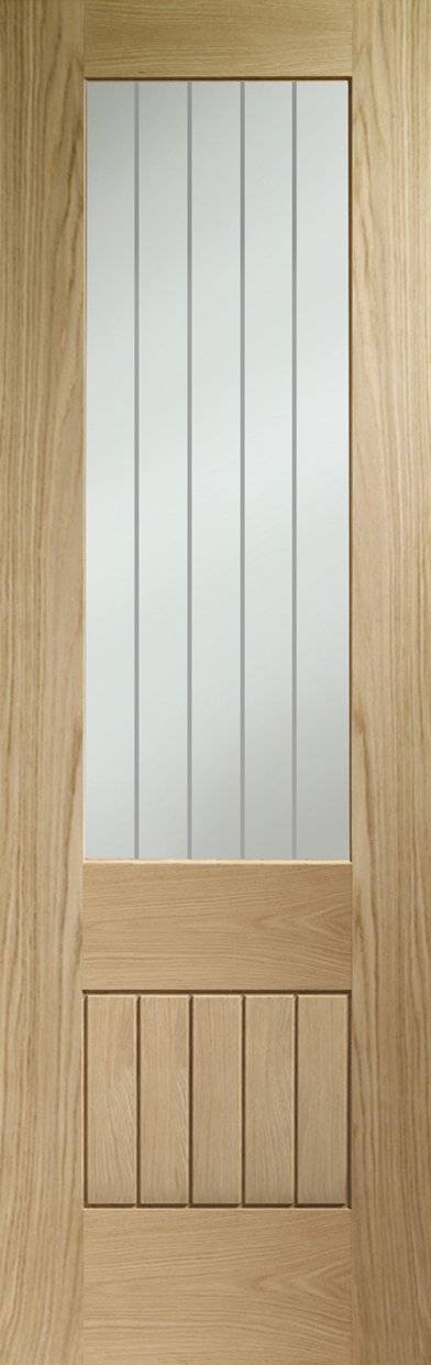 Wooden door with glass panel and horizontal slats